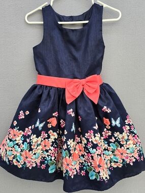 Lilt Navy Floral Bow And Butterfly Accent Girls Dress Size 12